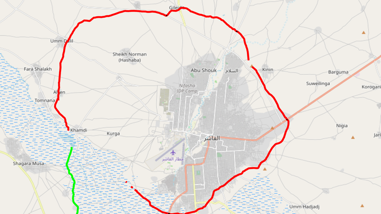 A map showing the berms - raised banks -  surrounding Al Fashir. Pic: Yale School of Public Health