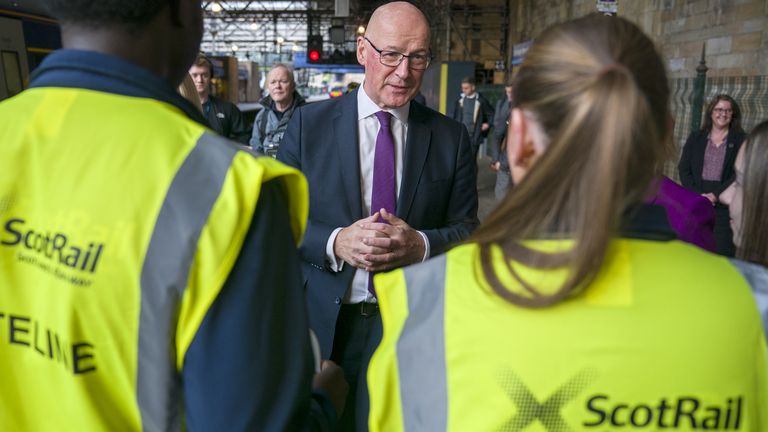 First Minister John Swinney meets ScotRail apprentices. Pic: PA