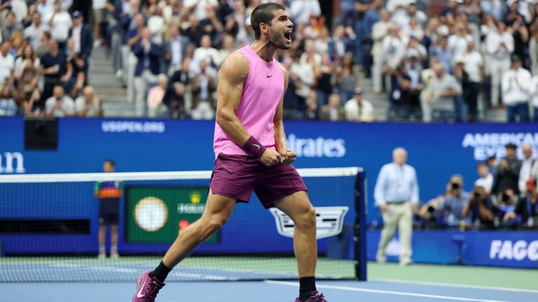Carlos Alcaraz celebrates winning the US Open men's singles title. Pic: Reuters