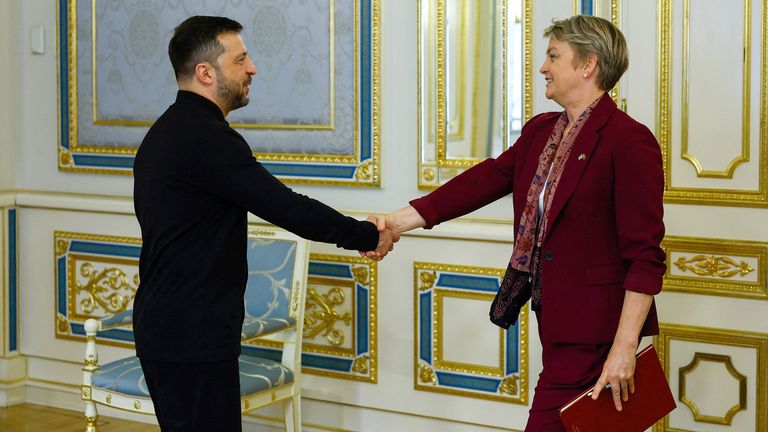 Yvette Cooper with Volodymyr Zelenskyy in Kyiv. Pic: Valentyn Ogirenko/PA
