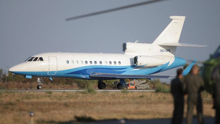 A plane transporting Ursula von der Leyen and her staff on Sunday. Pic: Reuters