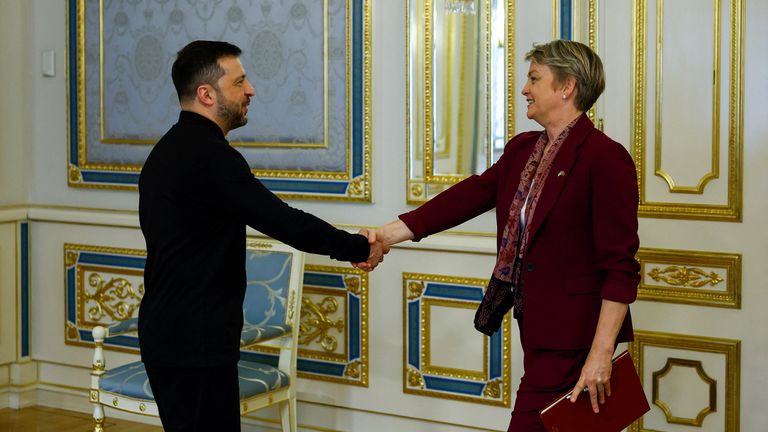 Yvette Cooper met Volodymyr Zelenskyy in Kyiv on Friday. Pic: Valentyn Ogirenko/Reuters