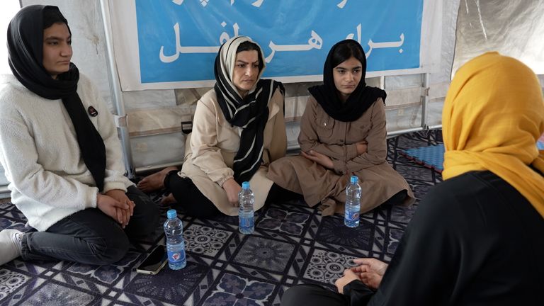 Fatimah (centre) speaks to Sky's Cordelia Lynch