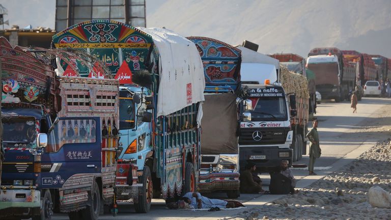Lorries bound for Pakistan are stranded on the Afghan side of a border crossing in Nangarhar province. Pic: AP