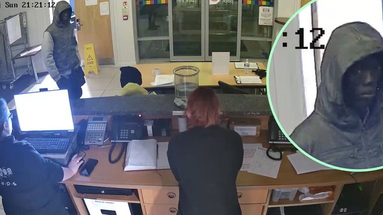 CCTV from the reception area of the hotel alleged to show Deng Chol Majek staring at Rhiannon Whyte, left. Pic: PA