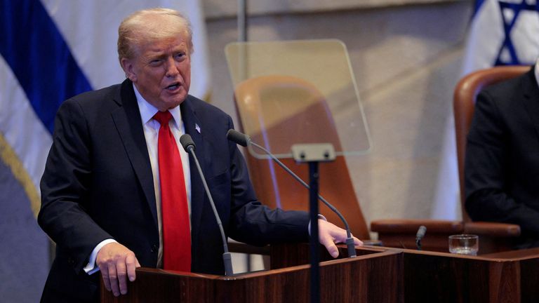 Donald Trump addresses the Knesset. Pic: Reuters