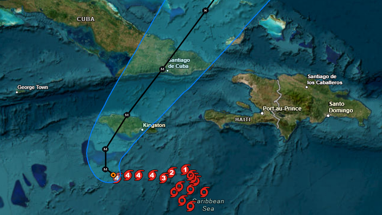 Forecast track of Hurricane Melissa, which is now category 5. Pic: National Hurricane Center