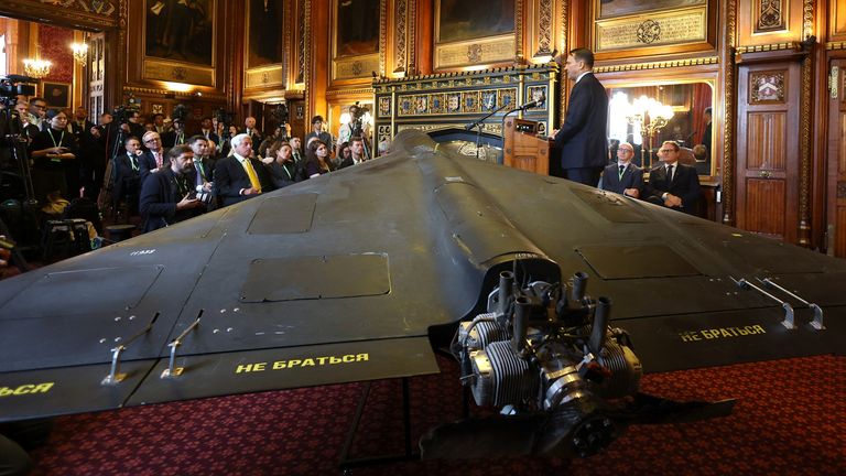 A Shahed-136 drone used by Russia amid its attack on Ukraine, on display in London. Pic: Reuters