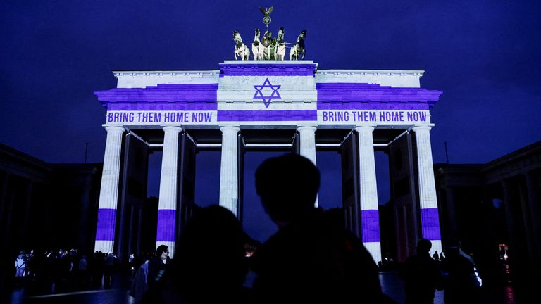 In Berlin, the Brandenburg Gate lit up with a call for the release of hostages held by Hamas in Gaza. Pic: Reuters