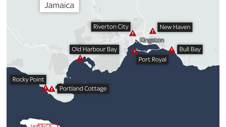 Map showing areas of Jamaica which have evacuation orders