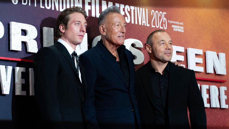 Springsteen with White and Stephen Graham at the Deliver Me From Nowhere London Film Festival premiere. Pic: Scott A Garfitt/Invision/AP