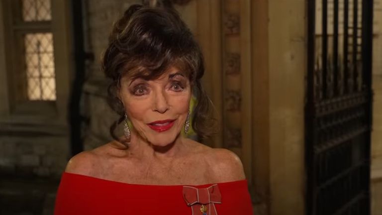Joan Collins speaking to Sky's Jon Craig outside the late Margaret Thatcher's 100th birthday bash.