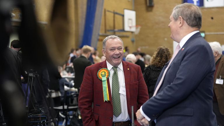 Lindsay Whittle speaking to Sky's Jon Craig at the election night count in Caerphilly. Pic: PA