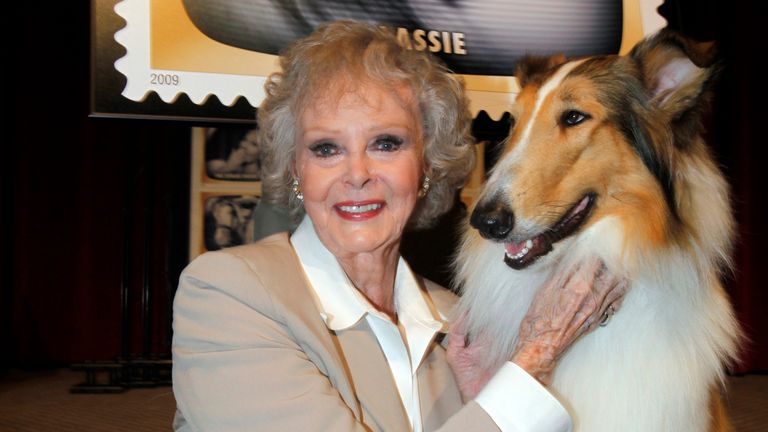June Lockhart poses in 2009 with Lassie Jr, a ninth generation direct descendant of the original Lassie. Pic: AP