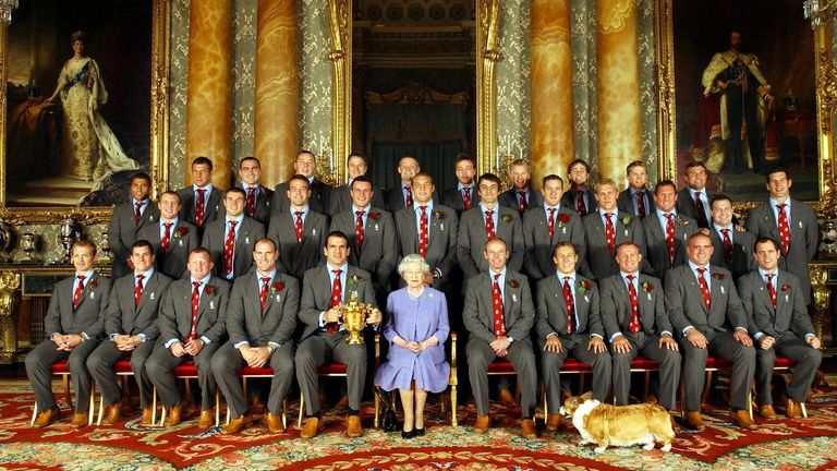 Lewis Moody, fourth from right in the middle row, poses with Queen Elizabeth II after winning the 2003 World Cup. Pic: Reuters