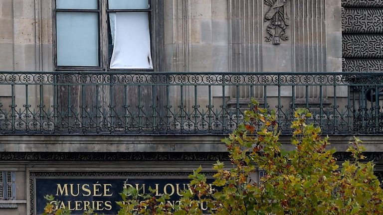 A window believed to have been used in a robbery at the Louvre museum in Paris. Pic: Reuters