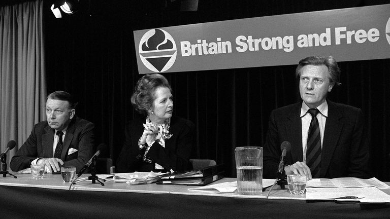 Michael Heseltine (R) was Margaret Thatcher's defence minister in the 1980s. Pic: PA