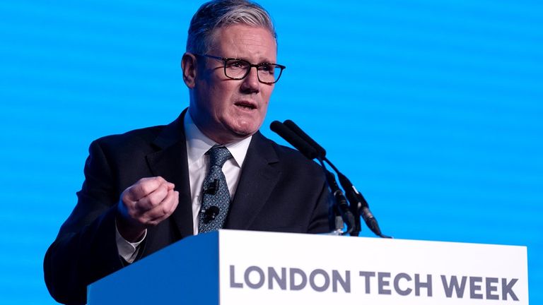 Keir Starmer announces the TechFirst programme teaching school pupils AI in June. Pic: PA