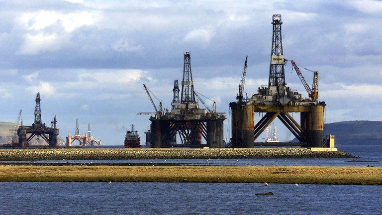 North Sea oil exploration platforms lie in the Cromerty Firth in northern Scotland in 2003. Pic: AP