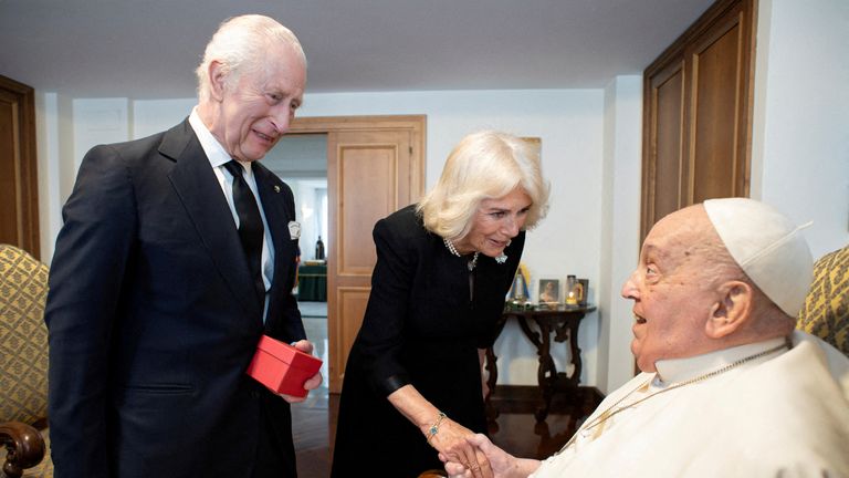 The King and Queen met the late Pope Francis in April. Pic: Reuters