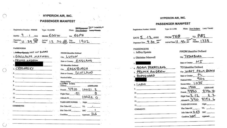 Flight logs released by a US committee from Epstein's estate name Prince Andrew. Pic: House Committee on Oversight and Government