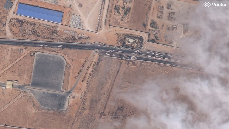 A satellite image shows the back-up of aid trucks at the border from the air. Pic: ©2025 Vantor/Reuters