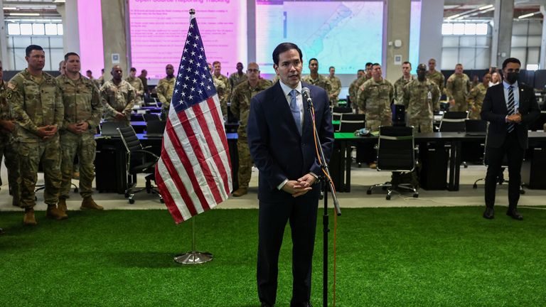 US Secretary of State Marco Rubio speaks with US military personnel in Israel. Pic: Reuters