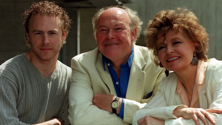 Prunella Scales with her husband Timothy West (centre) and son Sam West (left) in 1999. File pic: PA