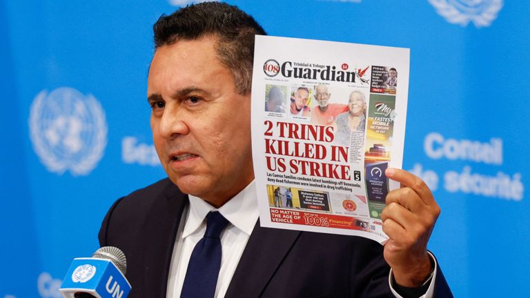 Venezuela's ambassador to the UN condemns a recent US military strike in Caribbean waters. Pic: Reuters