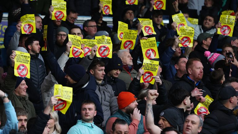Sheffield Wednesday fans protest the ownership at a game away to Leeds United in January. Pic: Reuters