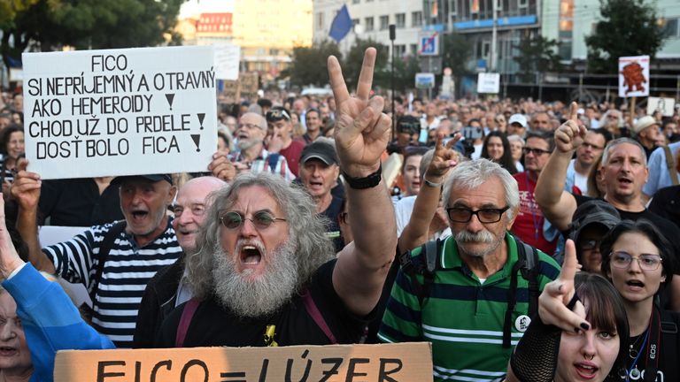 Protesters against new consolidation of Slovak government in Bratislava, Sept. 11, 2025. Pic: Martin Baumann/TASR via AP