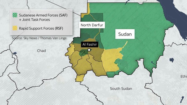 A map showing the areas of Sudan controlled by the SAF and RSF forces.