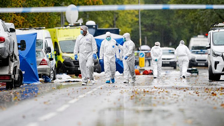 Police and forensics officers near Heaton Park Hebrew synagogue. Pic: PA