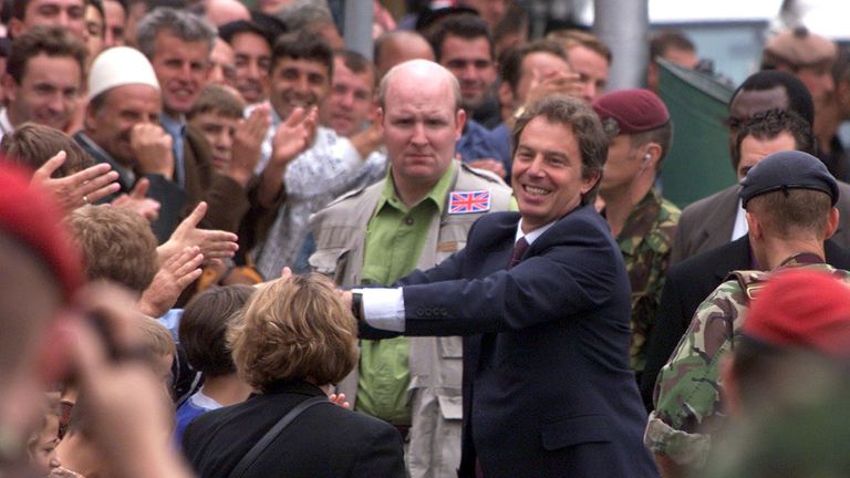 Tony Blair receiving a hero's welcome in Kosovo in 1999. Pic: Reuters