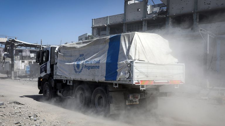Trucks carrying humanitarian aid and fuel enter Khan Yunis, a city in the southern Gaza Strip. Pic: AP