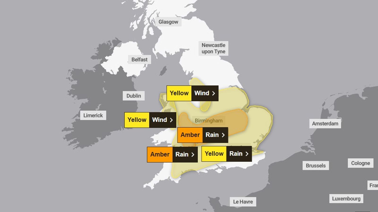 Amber weather warning issued for parts of UK - as Storm Claudia brings heavy rain