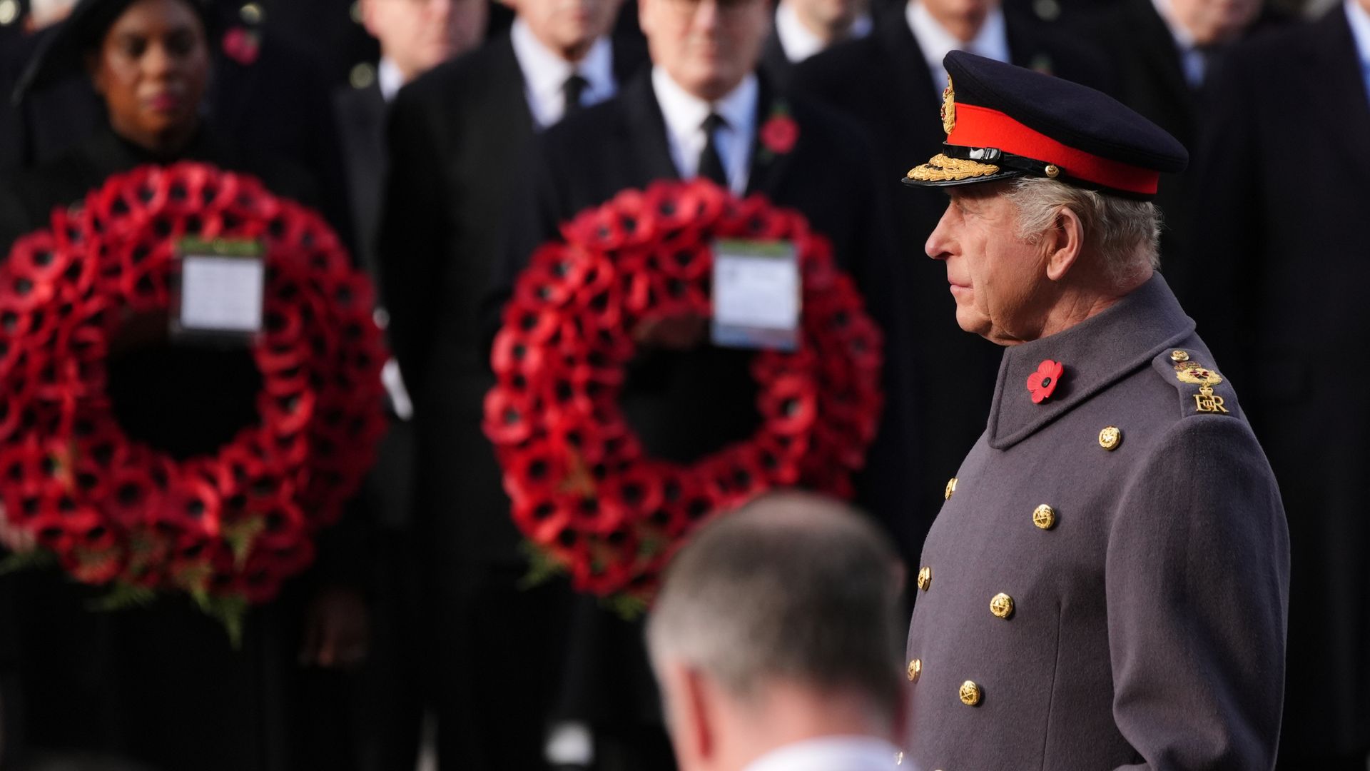 <a href="https://news.sky.com/story/king-princess-of-wales-and-prince-george-attend-festival-of160remembrance-with-sir-rod-stewart-among-performers-13466869" target="_blank">King leads nation in two-minute silence during Remembrance Sunday service at the Cenotaph</a>