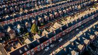 An aerial view of rows of back to back terraced houses in the North of England. Pic: iStock