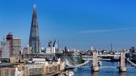 A drone view of the Shard skyscraper, Tower Bridge and St Paul's Cathedral in London, Britain, June 9, 2024. REUTERS/Yann Tessier