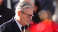 Prime Minister Sir Keir Starmer at the Remembrance Sunday service at the Cenotaph in London. Pic: PA