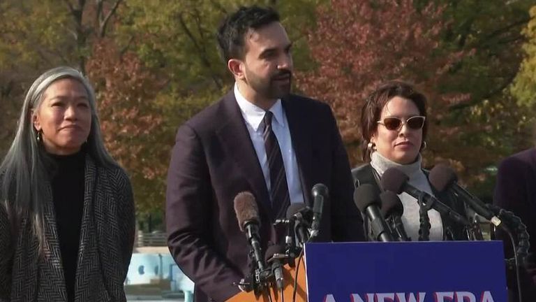 Zohran Mamdani speaks at a news conference after his win in the New York mayoral election.
