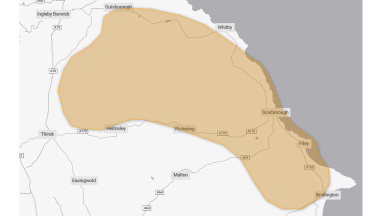 Amber warning for snow in parts of northeast England and south of Middlesbrough until 9pm on Thursday. Pic: Met Office