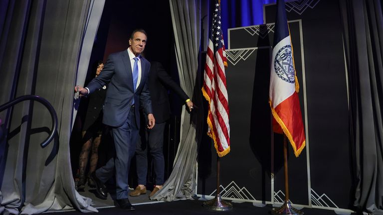 Andrew Cuomo arrives on stage to concede the New York mayoral race. Pic: AP