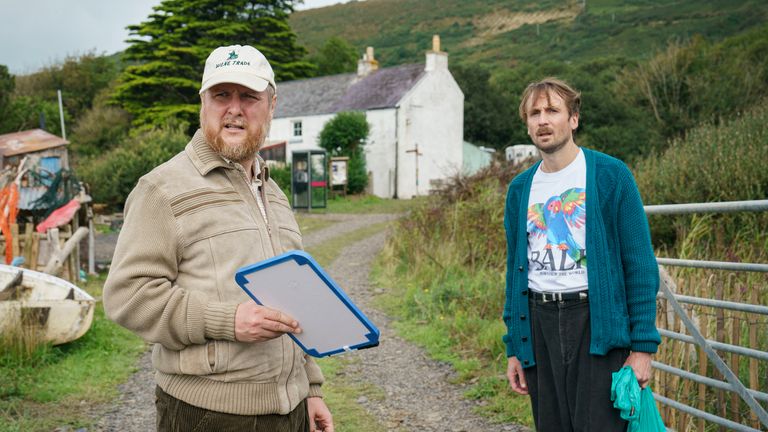 Tim Key (left) as Charles Heath and Tom Basden as Herb McGwyer in The Ballad Of Wallis Island. Pic: Focus Features, LLC/ Alistair Heap
