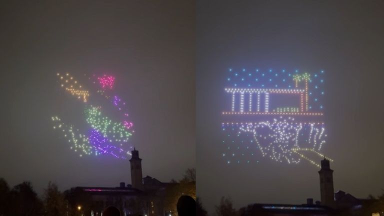 David Hockney's most famous works have been recreated using 600 illuminated drones in the night sky above his hometown.