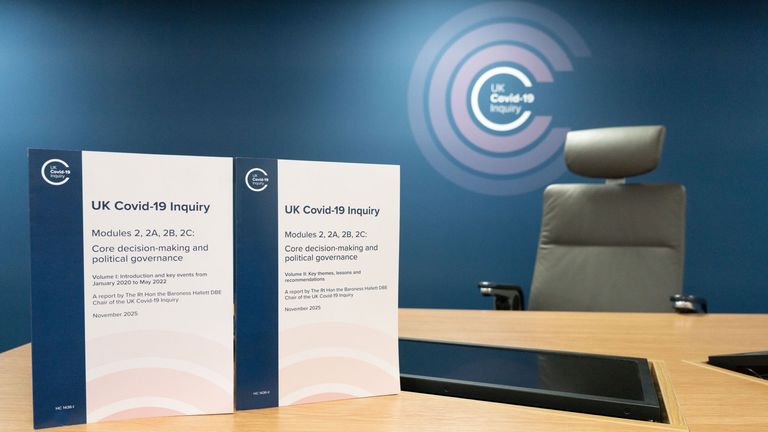 Copies of the UK COVID-19 Inquiry's findings into decisions made by former prime minister Boris Johnson and his advisers. Pic: PA