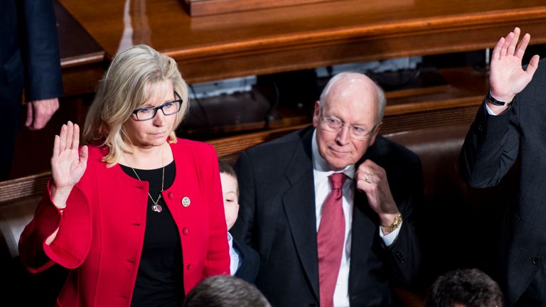 Dick Cheney looks on as his daughter Liz Cheney takes the oath of office in 2017. Pic: AP