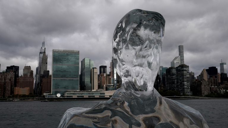 A melting ice sculpture of Donald Trump in 2020. Reuters file pic
