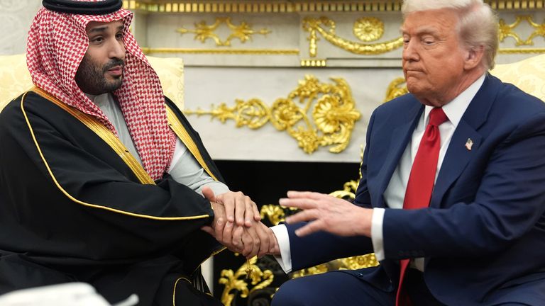 Prince Mohammed and Mr Trump in the Oval Office.
Pic: AP