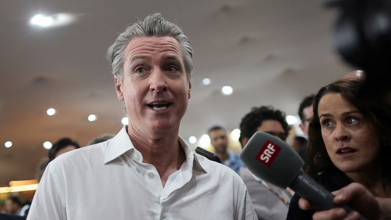 California Governor Gavin Newsom at the UN Climate Change Conference (COP30), in Belem being questioned by Victoria Seabrook. Pic: Reuters